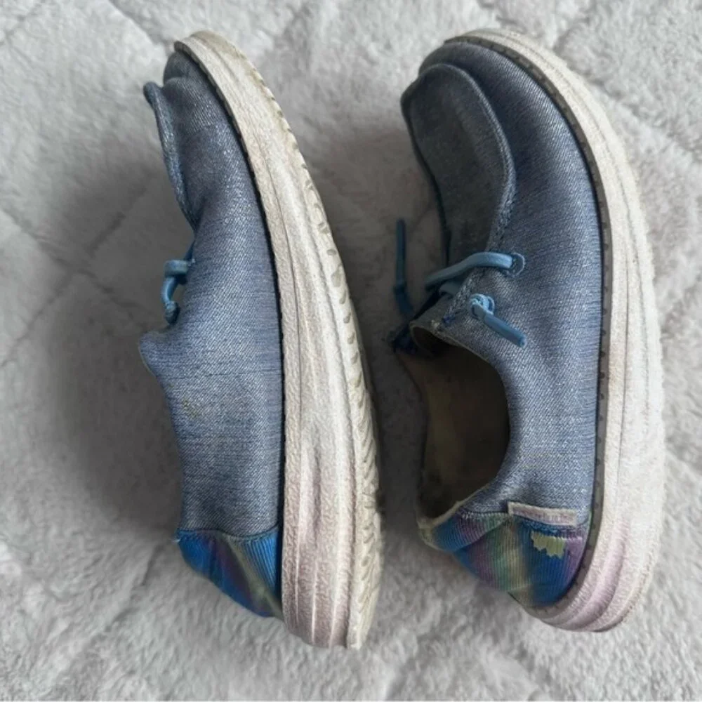 Hey Dude | Blue & Rainbow Wendy Youth Sparkle Denim Shoes | Size Y1-L2